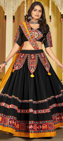 Black and Grey color Lehenga in Georgette fabric with Embroidered, Mirror, Thread work