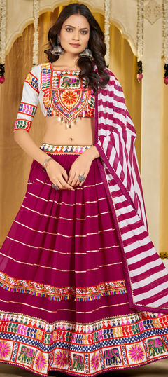 Pink and Majenta color Lehenga in Georgette fabric with Embroidered, Mirror, Thread work