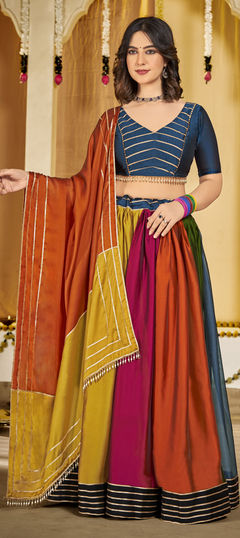 Multicolor color Lehenga in Silk fabric with Embroidered, Mirror, Thread work