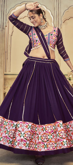 Purple and Violet color Lehenga in Georgette fabric with Embroidered, Mirror, Thread work