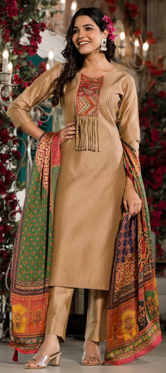 Gold color Salwar Kameez in Blended fabric with Embroidered, Thread work