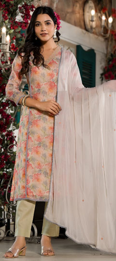 Multicolor color Salwar Kameez in Chanderi Silk fabric with Embroidered, Thread work