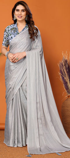 Casual, Traditional Black and Grey color Saree in Polyester Silk fabric with South Thread work : 1958670