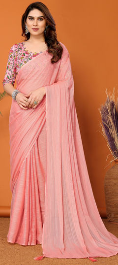 Casual, Traditional Pink and Majenta color Saree in Polyester Silk fabric with South Thread work : 1958673