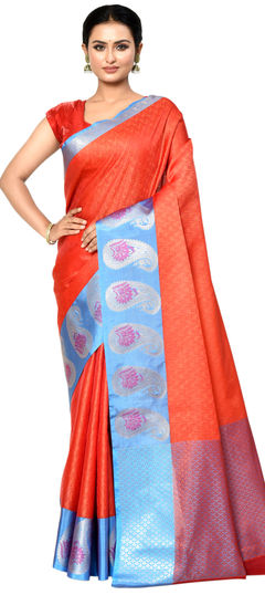 Orange color Saree in Organza Silk fabric with Weaving work