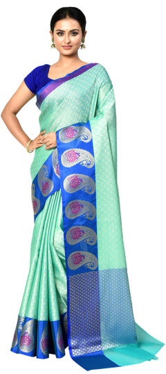 Green color Saree in Organza Silk fabric with Weaving work