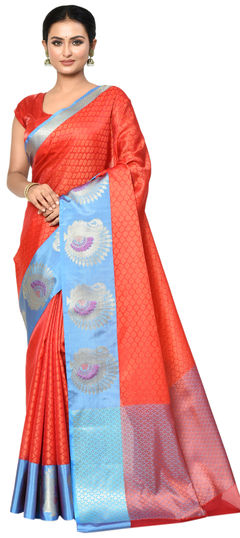 Orange color Saree in Organza Silk fabric with Weaving work