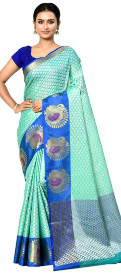 Green color Saree in Organza Silk fabric with Weaving work