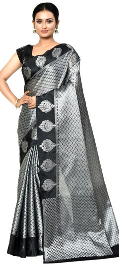 Black and Grey color Saree in Organza Silk fabric with Weaving work