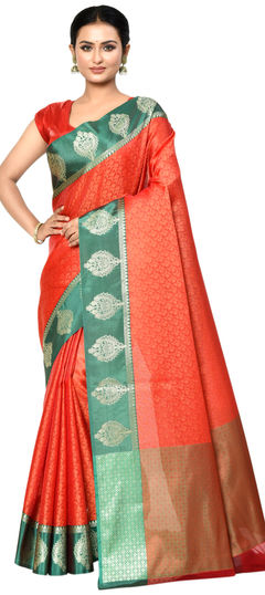 Orange color Saree in Organza Silk fabric with Weaving work