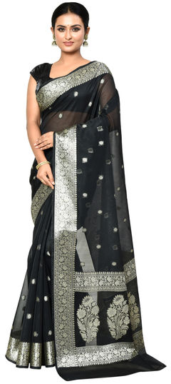 Festive, Party Wear, Traditional Black and Grey color Saree in Silk cotton fabric with Bengali Weaving work : 1958699