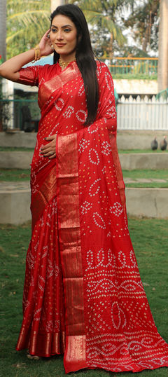 Red and Maroon color Saree in Handloom fabric with Bandhej, Printed, Weaving work