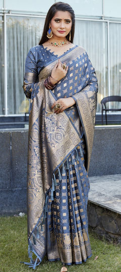 Black and Grey color Saree in Satin Silk fabric with Weaving work