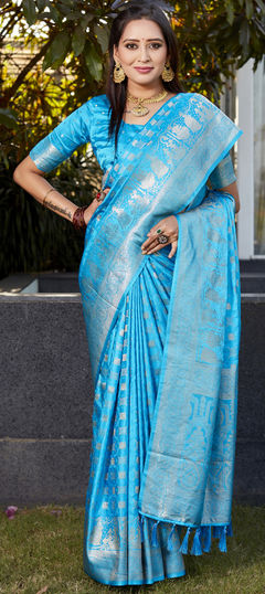 Blue color Saree in Satin Silk fabric with Weaving work