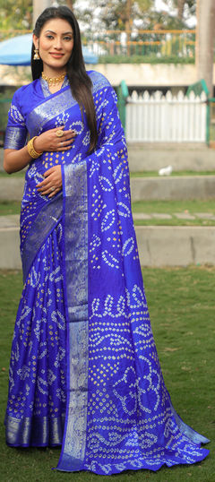 Traditional Blue color Saree in Handloom fabric with Bengali, Rajasthani Bandhej, Printed, Weaving work : 1958745