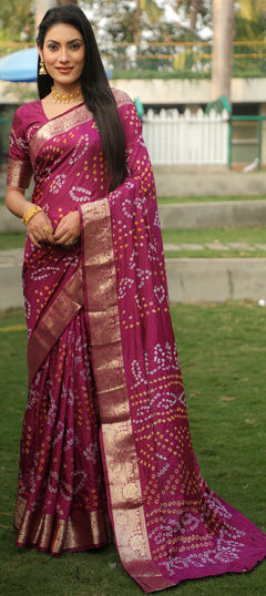 Traditional Beige and Brown color Saree in Handloom fabric with Bengali, Rajasthani Bandhej, Printed, Weaving work : 1958746