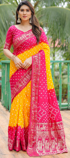 Yellow color Saree in Art Silk fabric with Bandhej, Printed, Weaving work