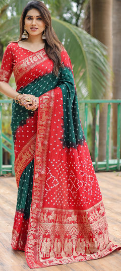 Green color Saree in Art Silk fabric with Bandhej, Printed, Weaving work