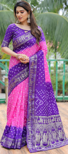 Pink and Majenta color Saree in Art Silk fabric with Bandhej, Printed, Weaving work