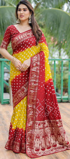 Yellow color Saree in Art Silk fabric with Bandhej, Printed, Weaving work