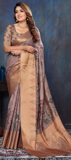 Beige and Brown color Saree in Cotton fabric with Weaving work