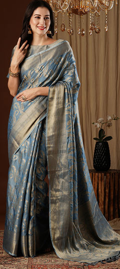 Black and Grey color Saree in Georgette fabric with Weaving, Zari work