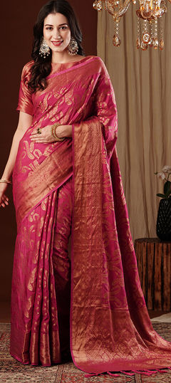 Pink and Majenta color Saree in Georgette fabric with Weaving, Zari work