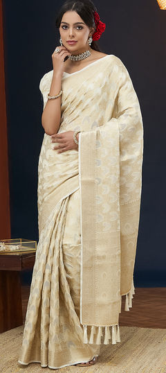 Beige and Brown color Saree in Georgette fabric with Weaving, Zari work