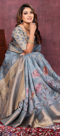 Festive, Traditional Blue color Saree in Silk cotton fabric with South Floral, Printed, Weaving work : 1958863