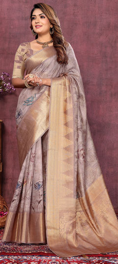 Festive, Traditional Beige and Brown color Saree in Silk cotton fabric with South Floral, Printed, Weaving work : 1958865