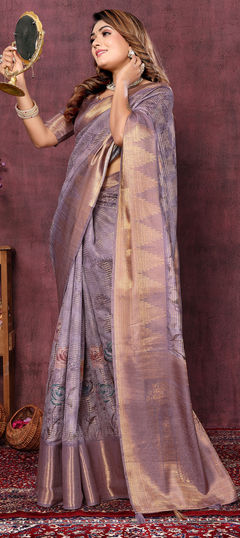 Festive, Traditional Purple and Violet color Saree in Silk cotton fabric with South Floral, Printed, Weaving work : 1958866