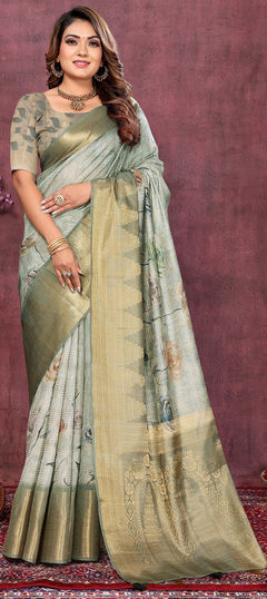 Festive Green color Saree in Silk cotton fabric with South Floral, Printed, Weaving work : 1958867