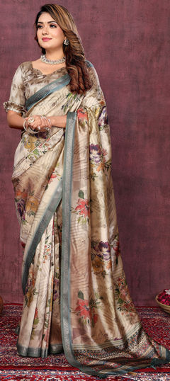 Beige and Brown color Saree in Art Silk fabric with Floral, Printed, Weaving work