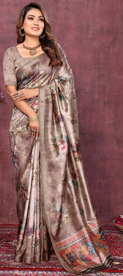 Black and Grey color Saree in Art Silk fabric with Floral, Printed, Weaving work