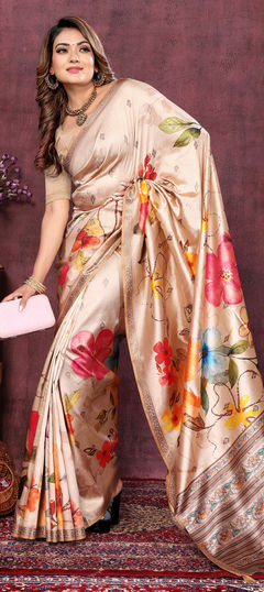 White and Off White color Saree in Art Silk fabric with Floral, Printed, Weaving work