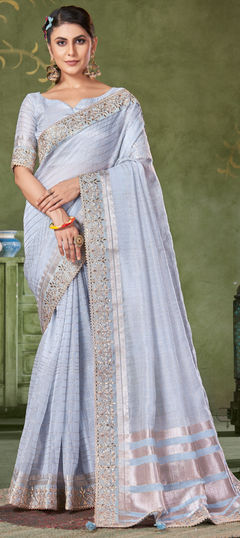 Engagement, Reception, Traditional Blue color Saree in Banarasi Silk fabric with South Border work : 1959047