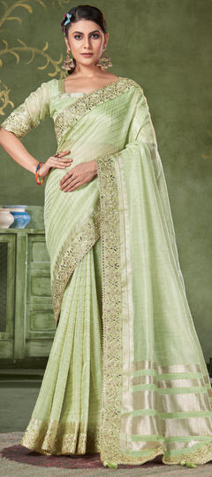 Engagement, Reception, Traditional Green color Saree in Banarasi Silk fabric with South Border work : 1959048