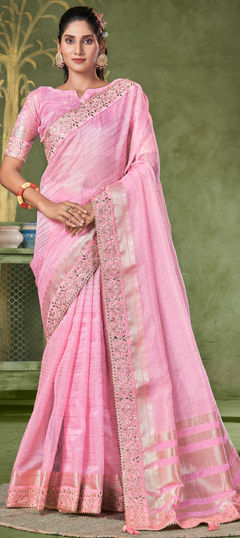 Engagement, Reception, Traditional Pink and Majenta color Saree in Banarasi Silk fabric with South Border work : 1959049