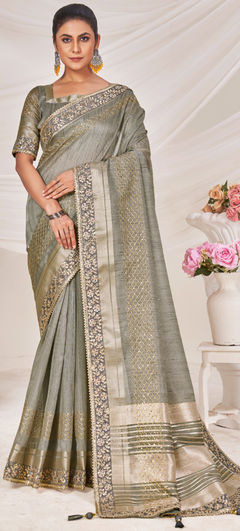 Black and Grey color Saree in Art Silk fabric with Border, Embroidered, Sequence work