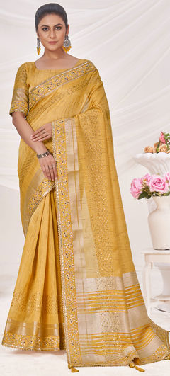 Yellow color Saree in Art Silk fabric with Border, Embroidered, Sequence work