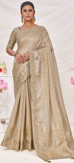 Beige and Brown color Saree in Art Silk fabric with Border, Embroidered, Sequence work