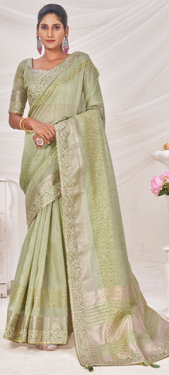 Green color Saree in Art Silk fabric with Border, Embroidered, Sequence work