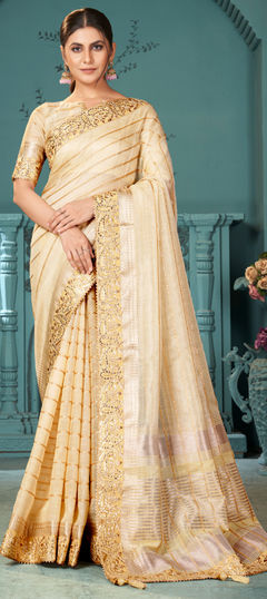 Beige and Brown color Saree in Art Silk fabric with Border, Sequence work