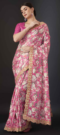 Pink and Majenta color Saree in Art Silk fabric with Border, Digital Print, Floral work