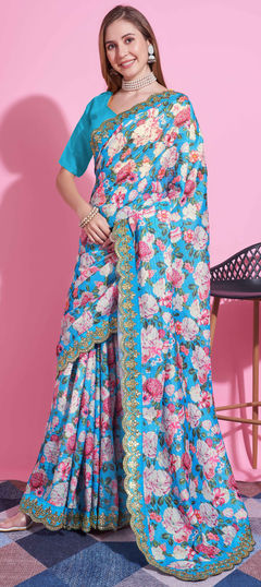 Blue color Saree in Art Silk fabric with Border, Digital Print, Floral work