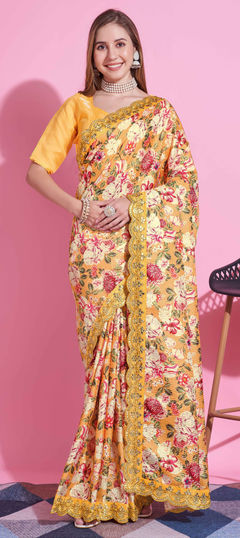 Yellow color Saree in Art Silk fabric with Border, Digital Print, Floral work