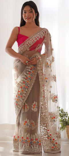 Blue color Saree in Net fabric with Embroidered, Thread work