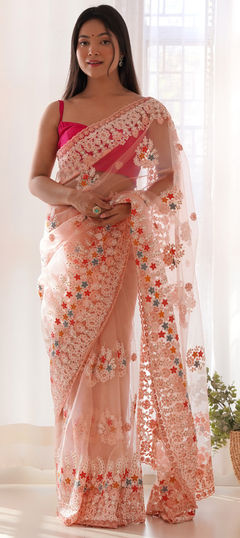 Green color Saree in Net fabric with Embroidered, Thread work