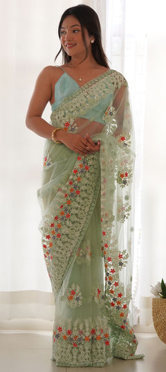 Blue color Saree in Net fabric with Embroidered, Thread work