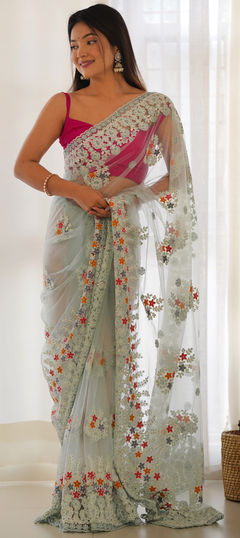 Beige and Brown color Saree in Net fabric with Embroidered, Thread work